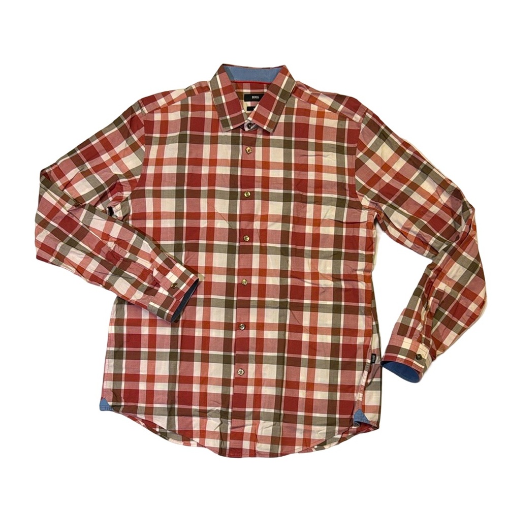 Hugo Boss mens XL slim fit red plaid button up casual lightweight shirt EUC
